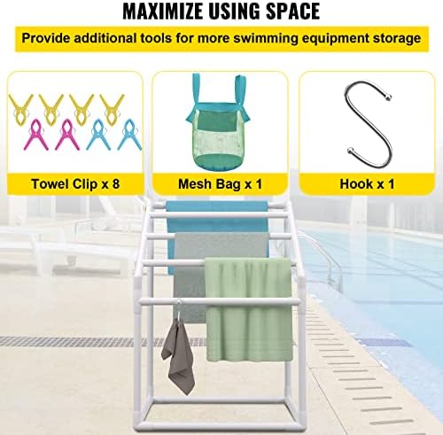VEVOR Pool Towel Rack, 5 Bar, White, Freestanding Outdoor PVC Trapedozal Poolside Storage Organizer, Include 8 Towel Clips, Mesh Bag, Hook, Also Stores Floats and Paddles, for Beach, Swimming Pool - Image 5