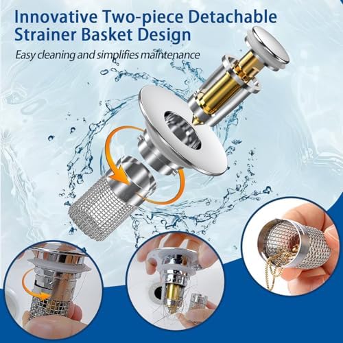 Sink Stopper Hair Catcher, Pop-up Sink Drain Strainer with Removable Stainless Steel Strainer Basket Hair Catcher,Bathroom Sink Strainer for Bathroom Sink Stopper Replacement (2, Silver) - Image 2