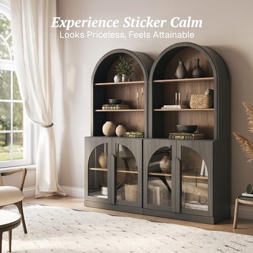 BELLEZE Arched Bookshelf with Glass Doors Set of 2, 71" Tall Wood Display Cabinet with Adjustable Shelf and Hutch, 5 Tier Modern Bookcase Shelf with Storage for Living Room Office, Ebony - Image 4