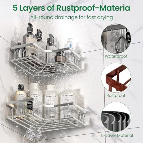 Adhesive Shower Caddy, 6 Pack Corner Bath Organizer, Rustproof Stainless Steel Shower Shelves with Large Capacity, No Drilling Shelves for Bathroom Storage, Home, Kitchen Decor (Silver). - Image 4