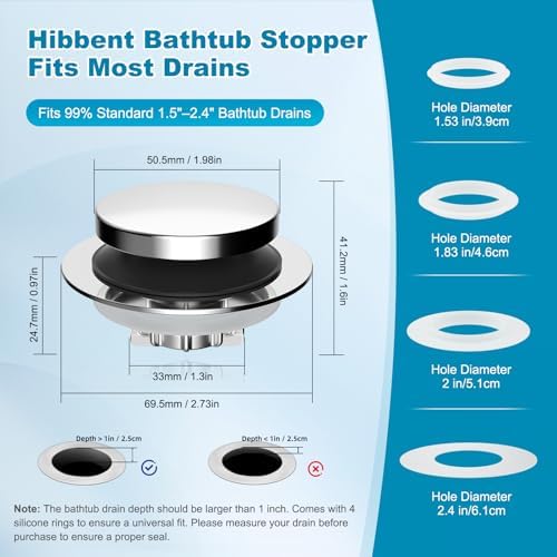 Hibbent 2 Pack 3 in 1 Metal Bathtub Drain Stopper, Bathtub Hair Catcher - Image 3
