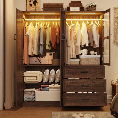 75" Tall Farmhouse 4 Doors Armoire Wardrobe Closet with 3 Drawers and LED,Freestanding Closet Wardrobe Cabinet for Bedroom with Hanging Rod,Wooden Armoire Storage Cabinet with Adjustable shelve(Brown) - Image 4