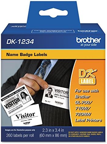 Brother Genuine DK-1234 Die-Cut Adhesive Name Badge White Paper Labels for Brother QL Label Printers, 2.3" x 3.4" (60mm x 86mm), 260 Labels per Roll, DK1234 by Unknown
