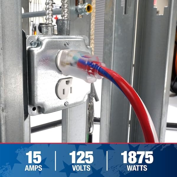 Southwire Heavy Duty Extension Cord, 50Ft, 12 Gauge, 3 Conductor, Outdoor Cord, Lighted End, SJTW, Red/White/Blue, 2548SWUSA1 - Image 2