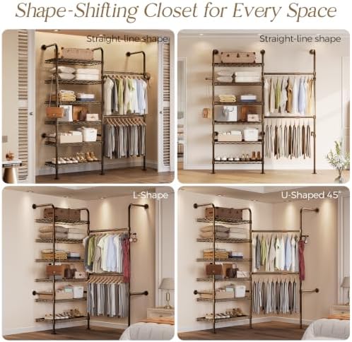 Closet Organizers Wall Mounted Closet System, 2-Row Heavy Duty Garment Clothes Rack, Industrial Pipe Clothing Rack with 2 Telescopic Rods, 3 Hooks & 6 Shelves for Bedroom, Wardrobe, Black and Gold - Image 5