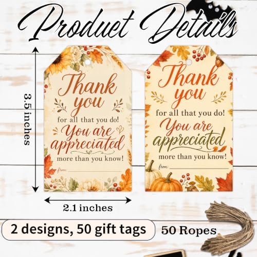 Thankful Fall Gift Tags with String, 50PCS Thanksgiving Hanging Tags for Gift Wrapping, Autumn Harvest Thank You Labels for Friendsgiving, Party Favors, Bakery Packaging - A02 - Image 2