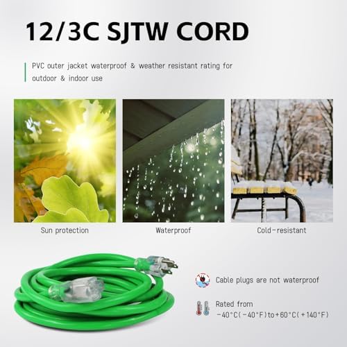 EP 25 Ft 12/3 SJTW Lighted Outdoor Extension Cord, Green - Image 6