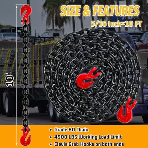 5/16" Chain, 10 Foot G80 Tow Chain with 4900 Lbs Safety Load, Trailer Safety Chains with G70 Clevis Grab Hooks (EP Black) - Image 2