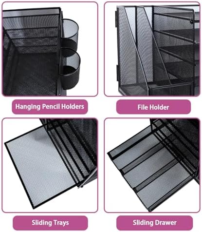 Desk Organizers and Accessories with File Holder, 5-Tier Paper Letter Tray Organiser with Drawer and 2 Pen Holder, Mesh Desktop Document Organizer for Office Supplies, Workspace - Black - Image 3