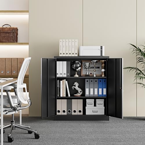 Yizosh Metal Garage Storage Cabinet with 2 Doors and 2 Adjustable Shelves - 35.5" Steel Lockable File Counter Cabinet for Home Office,Garage,Gym,School（Black） (Pack of 2) - Image 2