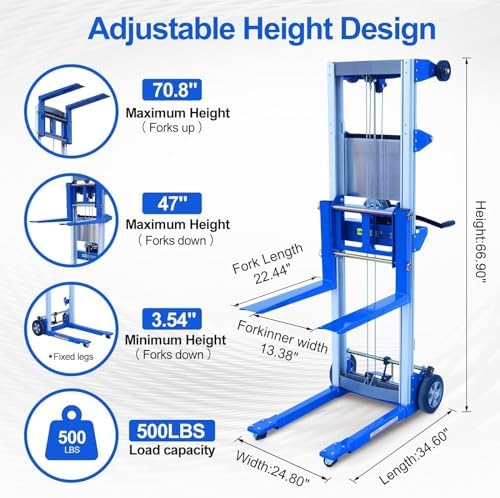 Material Lift Winch Stacker, 3.54"-70" Height Range, 500 lbs Capacity, 34.60"L x 24.80"W, Hand Winch Lift Trucks for Warehouse, Factory, Library - Image 2