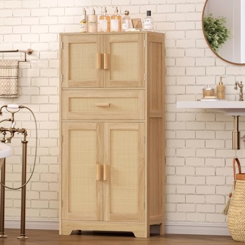 TEENFON 47.2" H Tall Storage Cabinet with Adjustable Shelf, Rattan Cabinet, Cupboard for Living Room, Dining Room, Entryway, Home Office, Natural - Image 2