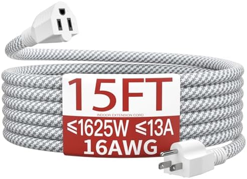 Skrizcable 16/3 15 FT Indoor Extension Cord Braided, White Power Cord by Skrizcable
