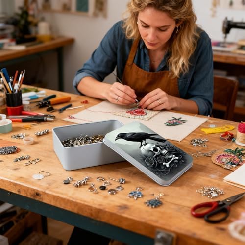 Large Metal Tins Box-7.1” x4.7”x2“ Rectangular Empty Storage Box With Lid Decorative Organizer Storage Tin Case For Office/Cookie/Candy/Jewelry/Photo/Letter-Bird Skull - Image 6
