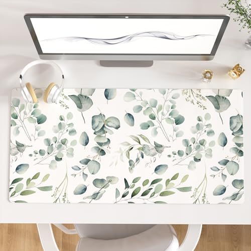 Leather Large Mouse Pad, Office Desk Mat, 31.5"x15.7", Eucalyptus Leaves by ColorfulStar
