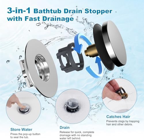 Hibbent 3 in 1 Metal Bathtub Drain Stopper, Universal Pop Up Tub Stopper - Image 2