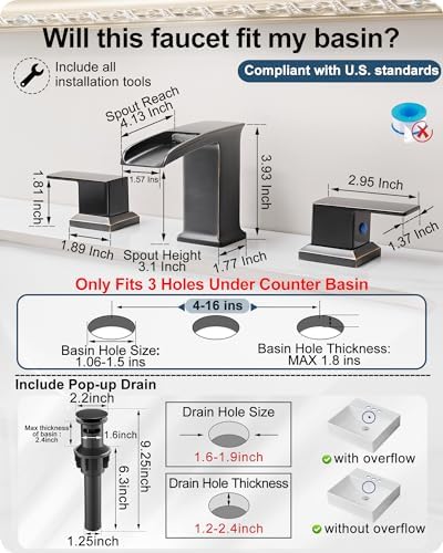 Waterfall Bathroom Sink Faucet 3 Hole, Bronze 8 Inch 2 Handles - Image 6