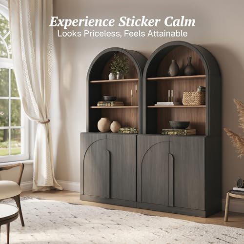 BELLEZE Arched Bookshelf with Storage Set of 2, 71" Tall Wood Curio Display Cabinet with Adjustable Shelf, 5 Tier Modern Bookcase Shelf with Door for Living Room Office, Ebony - Image 4
