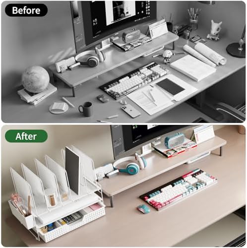 LEKETREE Desk Organizer, Office Organization with Vertical File Holder, File Organizer with Drawer and Pen Holder, Desk Accessories and Workspace Organizers for Home Office (White) - Image 4