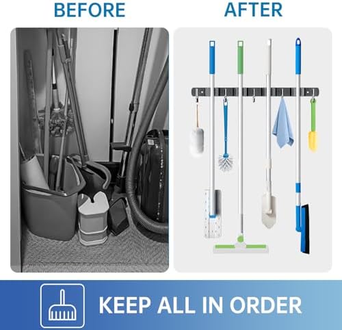 ZONGOOL Wall Mount Broom Holder 4 Racks 5 Hooks Metal Tool Organizer Black - Image 5