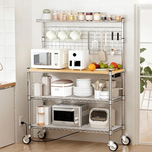 Bakers Rack with Power Outlet & Storage,36In Microwave Stand Kitchen Cart by Leteuke