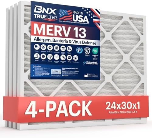 BNX TruFilter 24x30x1 Air Filter MERV 13 (4-Pack) - MADE IN USA - Electrostatic Pleated Air Conditioner HVAC AC Furnace Filters for Allergies, Pollen, Mold, Bacteria, Smoke, Allergen, MPR 1900 FPR 10 by BNX