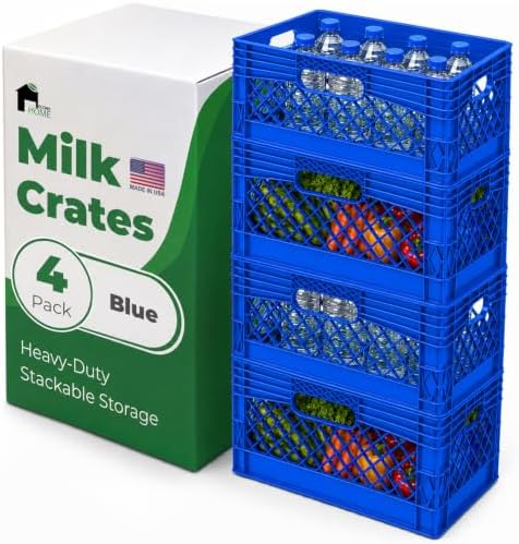 EconoHome Milk Crate - Stackable Storage Crate with Built-In Handles - Heavy Duty Plastic Material - Ventilated Organizer Bin for Garage, Pantry, Classroom, Office & Moving - Blue, 19x13x11, 4-Pack by EconoHome