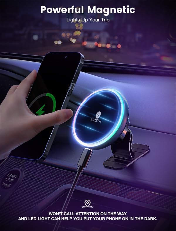 for Magsafe Car Mount Charger 15W LED RGB Car Phone Holder for Dash Vent - Image 5