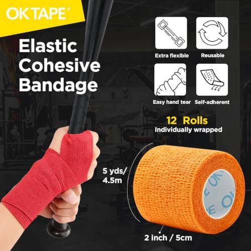 OK TAPE 12 Rolls Self Adhesive Bandage Wrap, Cohesive Elastic Athletic Tape - Image 2