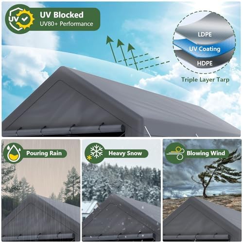 Carport 10x20 Ft Heavy Duty Canopy Steel Canopy Storage Shed,Portable Party Tent,Portable Garage with Removable Sidewalls & Doors All-Season Tarp for Carport Grey - Image 3