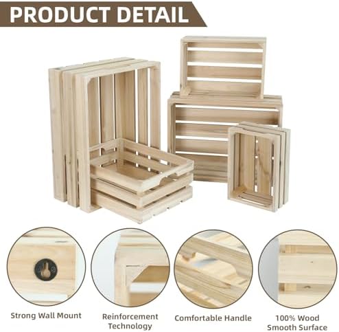 Wooden Crates, Unfinished Set of 5 Large Wood Crates with Handles, Rustic Farmhouse Wooden Crate for Decor, Wedding Birthday Home Party Living Room Kitchen Decoration - Image 3