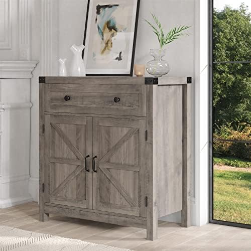 HOSTACK Kitchen Storage Cabinet, Farmhouse Coffee Bar Cabinet, Ash Gray - Image 2