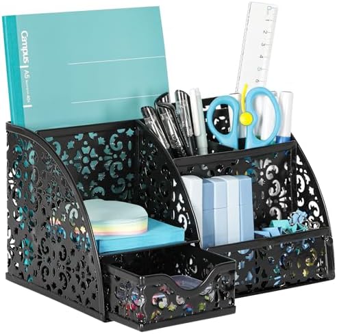 EasyPAG Desk Organizer and Pen Holder for Desk, Mesh Office Supplies Storage Caddy with Drawer for Small Space, Desktop Organizer for Home Office, Black by EasyPAG