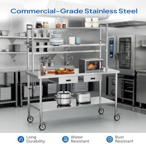 ROVSUN Stainless Steel Table with Wheels & Overshelves 60" X 24", NSF Commercial Heavy Duty Pre Table with Drawers & Adjustable Undershelf，Metal Table with Detachable Hooks for Kitchen Restaurant - Image 2