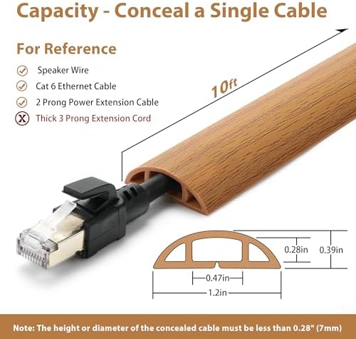 Floor Cord Cover 10ft, Cord Hider Floor Yellow Oak Wood, Floor Cable Management Prevent Cable Trips, Floor Cable Cover Wire Covers for Power Cords, Cord Protector Cord Cavity W0.47in H0.28in - Image 2