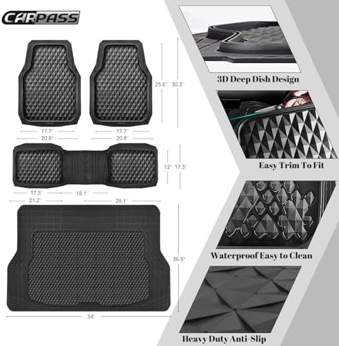 CAR PASS Heavy Duty Rubber Black Car Floor Mats & Cargo Liners, Deep Dish All-Weather Trunk Mats Durable Anti-Slip 3D Rhombus Waterproof Trim to Fit Liner Universal Fit Auto,Sedan,SUV,Truck, Black - Image 3