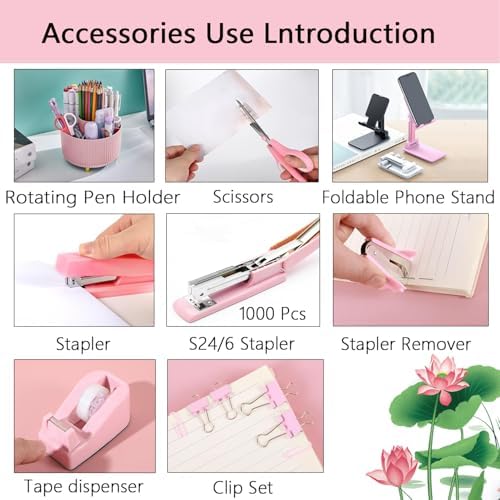 Office Supplies,Pink Desk Accessories,Desk Organizer,Stapler,Tape Dispenser,Folding Phone Stand,Scissors,Notebook,Staple Remover,Staples,Clear Tape,Sticky Notes,Clips,Cool Pen,Bookmark,Ect.22pcs - Image 3