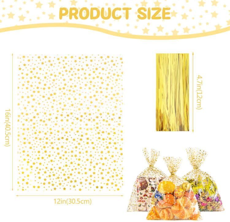 COQOFA Clear Cellophane Treat Bags - 12"x16", 50 pcs, Gold for Birthday, Wedding, Party - Image 2