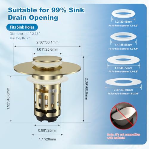 Hibbent 2 Pack Bathroom Sink Drain Strainer, 3 in 1 Pop Up Stopper - Image 2