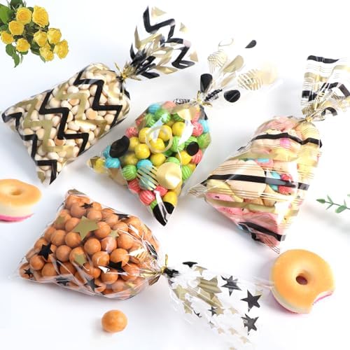 COQOFA Black Gold 5"X11" Gift Wrap Cellophane Cello Bags: Clear Candy Cookie & Plastic Goodie Storage Treat Party Favor Bags with Twist Ties - 100 Pcs for Graduation, Birthday & Retirement - Image 6