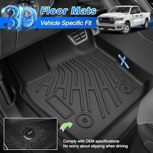RAM Floor Mats - Car Mats for Dodge Ram 1500 Quad Cab 2025 2026 Bucket Seat (Not for Bench Seating), All Weather Floor Mat, Heavy Duty Rubber Mats, Car Accessories - Image 2