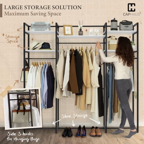 CAPHAUS 913lbs Capacity Heavy Duty Clothing Rack, 75" W Metal Garment Rack with Drawers Hanging Rods and Wood Shelves, Freestanding Closet Organizer, White Board - Image 4