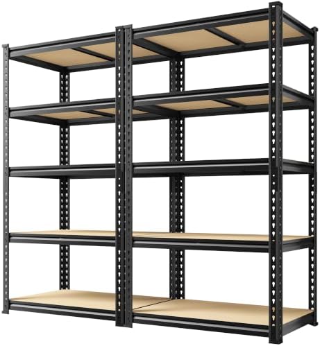 REIBII Garage Shelving, 5-Tier Storage Shelves Load 2025LBS, Adjustable Storage Rack for Garage, Pantry, Closet, Steel Frame, 28.1" W x 60" H x 12.1" D, Black, 2PC by REIBII