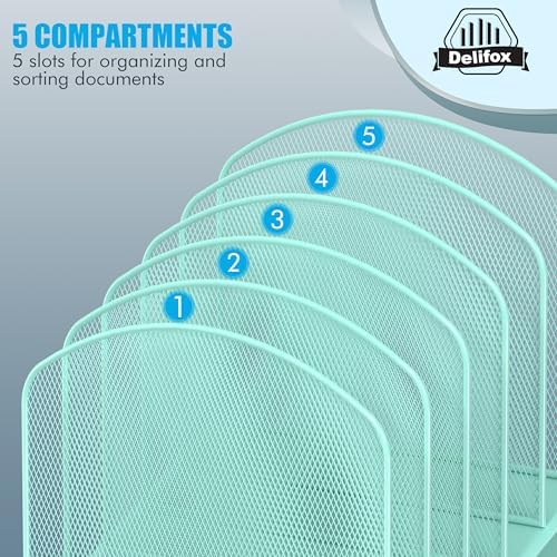 Delifox Inclined Desk File Organizer,Vertical File Folder Holder Stand Metal Rack File Sorter for Office Classroom Desktop Organization (1, Aqua, 5) - Image 6