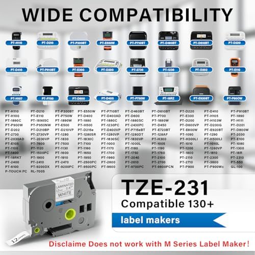 TZe-231 Label Maker Tape, 12 Pack 12mm 0.47 Inch Laminated Black on White Tape Refills, Compatible with PT-D210 PT-H110 PT-D220 PT-D400 PT-D410 PT-D460BT PT-D600 PT-P300BT PT-P700, 26.2 ft Each - Image 2