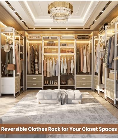 78.7'' Clothes Rack for Hanging Clothes - Reversible Clothing Rack with 2 Drawers, Heavy Duty Garment Racks with Shelves, 6 Tiers Freestanding Closet Wardrobe System with Hanging Hooks, White Oak - Image 2
