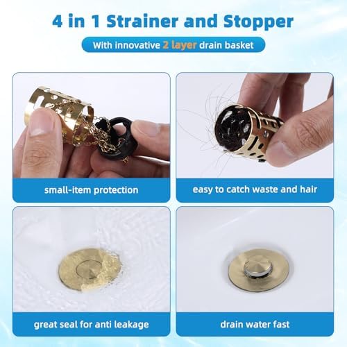 Universal Bathroom Sink Drain Stopper Hair Catcher, Brushed Gold - Image 2