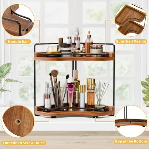 2-Tier Corner Bathroom Counter Organizer, Larger, Acacia Wood - Image 4