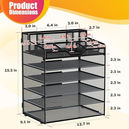 Docnest 6 Tier Mesh Desk Organizer with Letter Tray & Paper Sorter, Black - Image 3