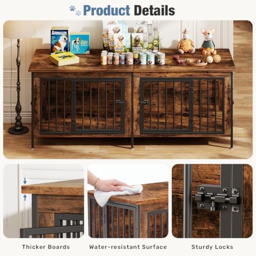 DUMOS 63" Dog Crate Furniture for 2 Dogs with Divider, Rustic Brown - Image 3